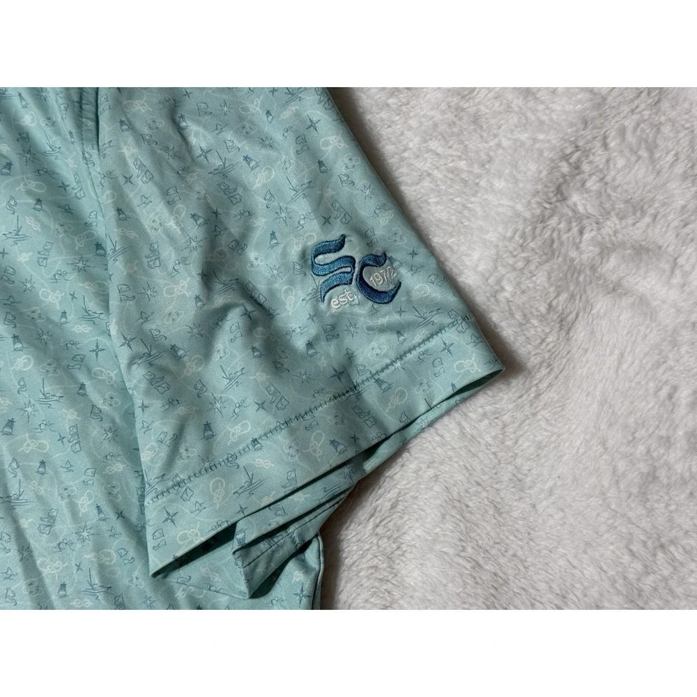 Peter Millar Summer Comfort Mens XL Polo Shirt Turquoise Geometric‎ Print Logo